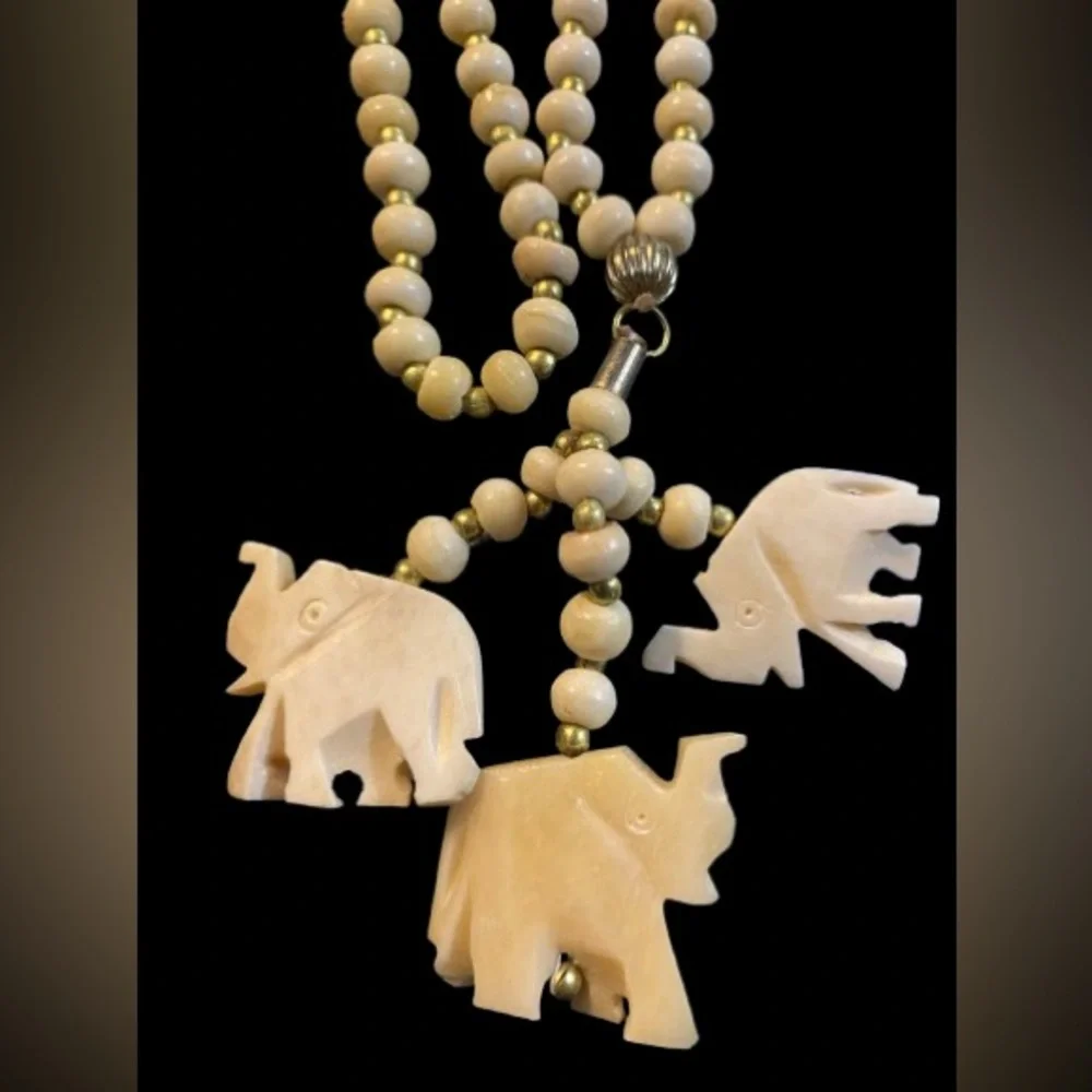 Vintage Carved Bone Cream Beaded Necklace with 3 Elephant Pendants Good Luck